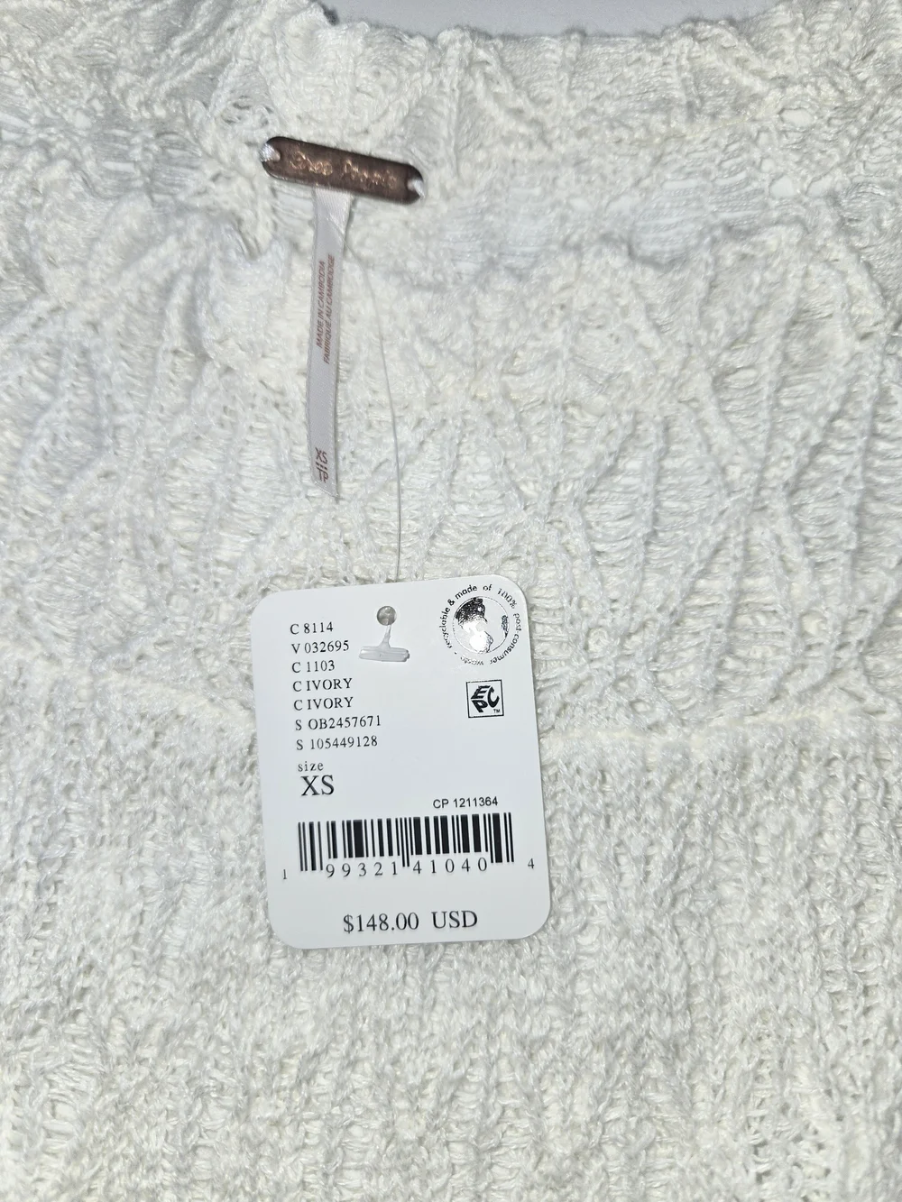 Free People Moonstruck Babydoll Blouse Open Knit Crochet Lace Top Cream XS